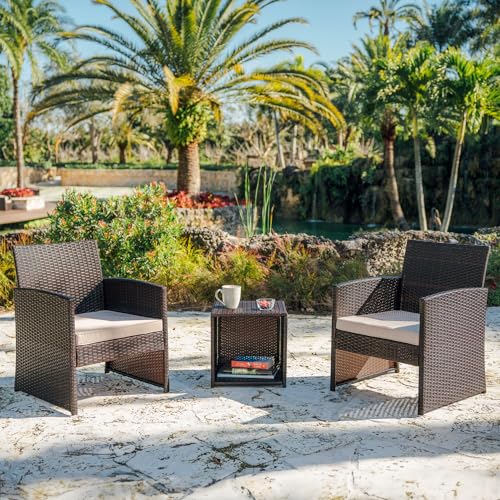 Wicker Patio Furniture Set - 3 Piece Bistro Table and Chairs Set of 2, Front Porch Furniture Set, Patio Chairs Set of 2, Outdoor Patio Set, Patio Conversation Sets (Brown/Beige)