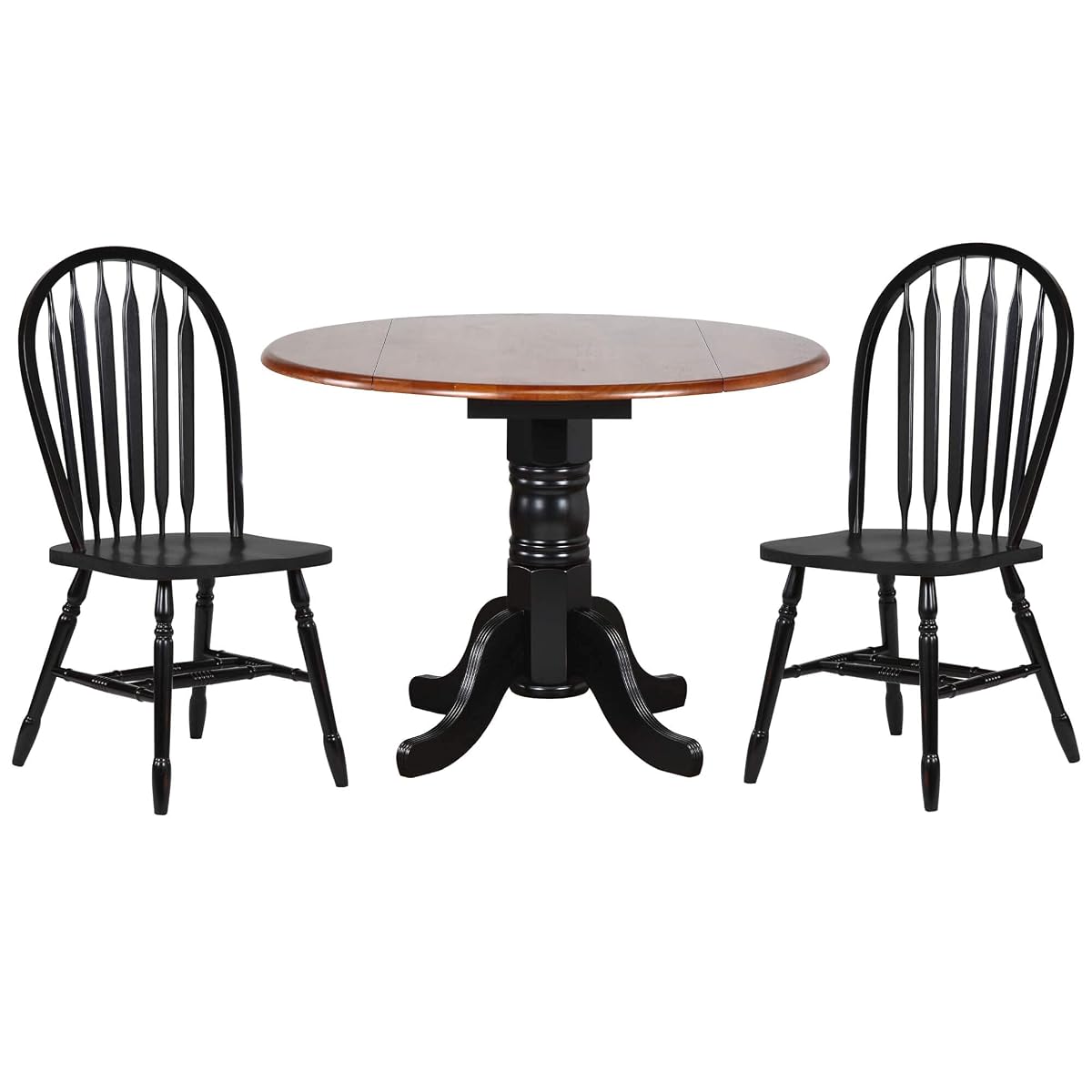 3 Piece Round Drop Leaf Dining Set with Antique Black Arrowback Chairs