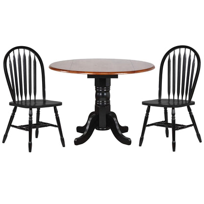3 Piece Round Drop Leaf Dining Set with Antique Black Arrowback Chairs