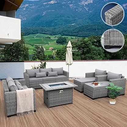 7-Piece Outdoor Furniture Sets Patio Furniture Set with 45-inch Fire Pit Patio Couch Outdoor Chairs 60000 BTU Propane Fire Pit Table with Non-Slip Cushions Waterproof Covers, Light Grey