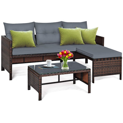 Wicker Patio Furniture Set Couch 3 Piece, L-Shaped PE Rattan Outdoor Sectional Sofa Conversation Set with Loveseat, Lounge and Tempered Glass Coffee Table for Garden Lawn Deck, Grey