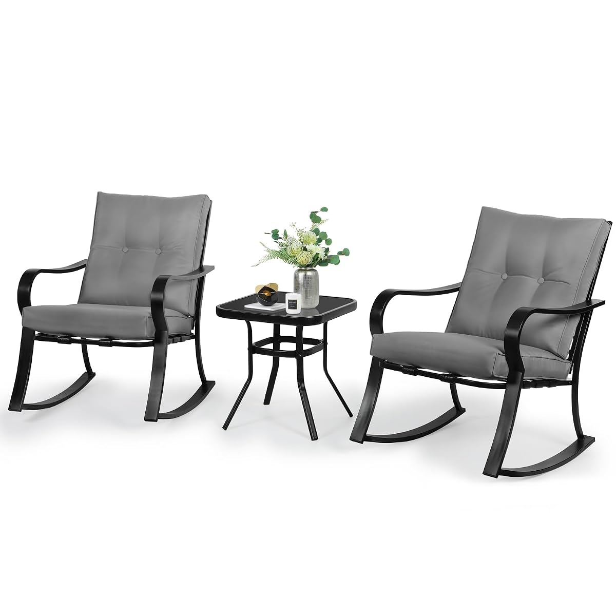 3-Piece Outdoor Rocking Chairs Bistro Set, Black Iron Patio Furniture with Gray Thickened Cushion & Glass-Top Coffee Table