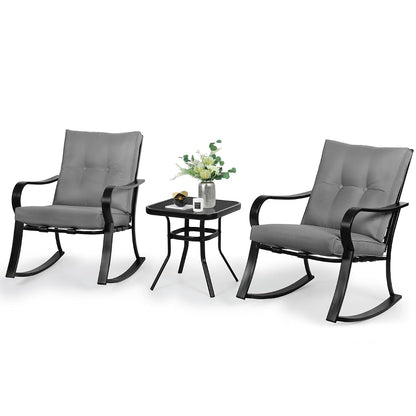 3-Piece Outdoor Rocking Chairs Bistro Set, Black Iron Patio Furniture with Gray Thickened Cushion & Glass-Top Coffee Table