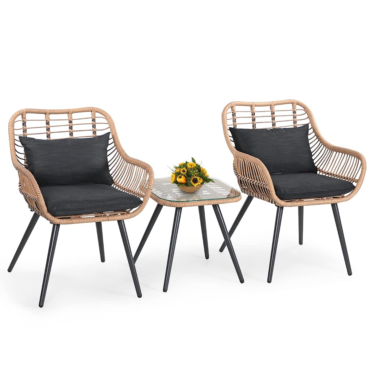 3 Piece Patio Bistro Set, Outdoor Wicker Conversation Chair Sets Balcony Furniture,Coffee Table with Glass Top, Cushions & Lumbar Pillows for Porch, Backyard, Deck, Poolside