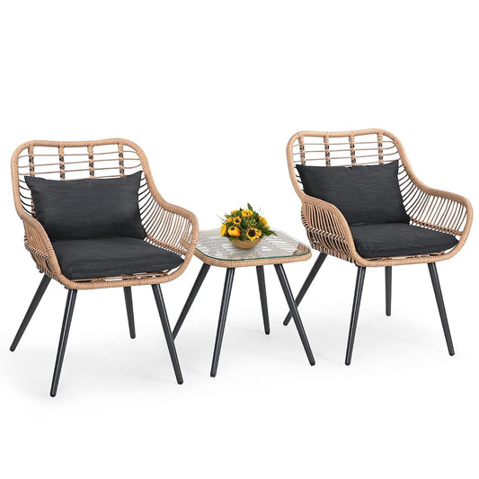 3 Piece Patio Bistro Set, Outdoor Wicker Conversation Chair Sets Balcony Furniture,Coffee Table with Glass Top, Cushions & Lumbar Pillows for Porch, Backyard, Deck, Poolside