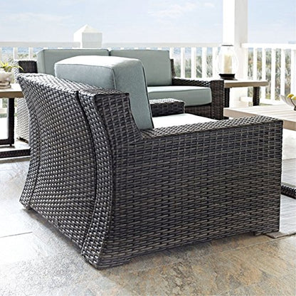 Beaufort Outdoor Conversation Set | Spacious, Comfortable, and Elegant | Dark Brown Synthetic Wicker | Fade-Resistant Mist Cushions | All-Weather Faux Wood Planks | Furniture