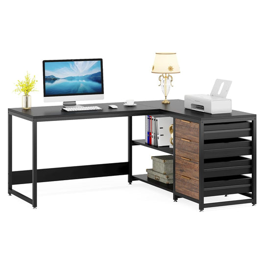 59-Inch L Shaped Desk with Drawers, Large Computer Desk with Storage Shelves, Reversible L-Shaped Corner Desk Workstation for Home Office