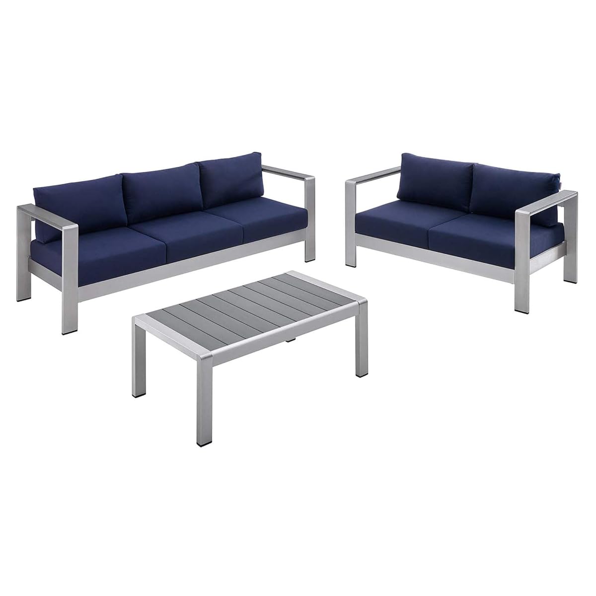Shore Aluminum 3 Piece Outdoor Patio Furniture Set | Sturdy Anodized Frames | Sunbrella Cushions | Coffee Table, Loveseat, Sofa