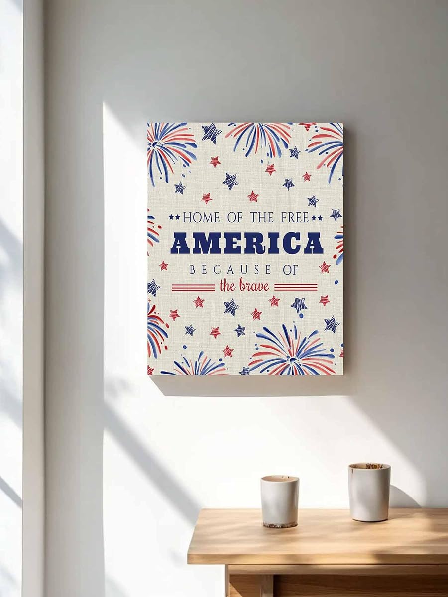 NuYeBiofx Independence Day Red Blue Stars Canvas Wall Art Prints,48"x32" Framed Picture Artwork Festivals Fireworks Printed Canvas Oil Painting for Living Room Bedroom Office,Ready to Hang