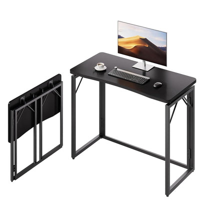 31.5" Black Folding Desk, No Assembly, Wooden Top, Small Size