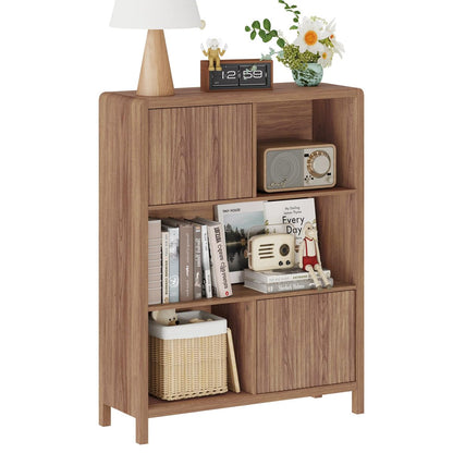 Bookshelf with Storage, 5 Cube Bookcase with Doors, Farmhouse Wood Cube Storage Organizer for Home Office, Bedrooom, Living Room (Walnut)