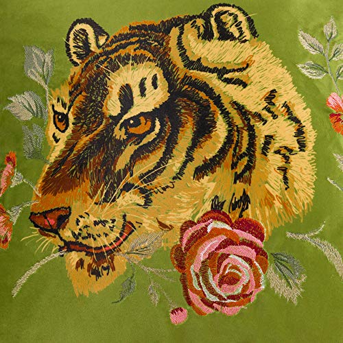 Tiger Velvet Throw Pillow Cover Decorative Flower Embroidered Accent Cushion Case Print Pillowcase for Bed Living Room Couch Bedroom 18x18 Inch Green Tassel