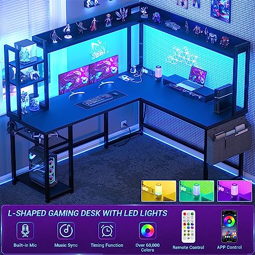 L Shaped Desk with Power Outlet, L Shaped Gaming Desk with Led Light & Hutch, Reversible Home Office Desk, Corner Computer Desk Writing Desk with Monitor Stand & Storage Shelves, Black