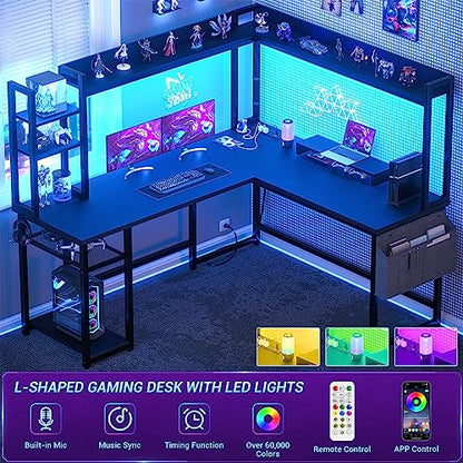 L Shaped Desk with Power Outlet, L Shaped Gaming Desk with Led Light & Hutch, Reversible Home Office Desk, Corner Computer Desk Writing Desk with Monitor Stand & Storage Shelves, Black