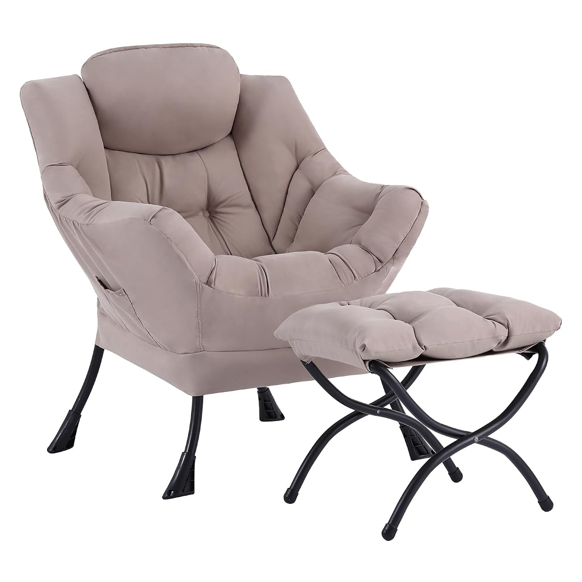 Lazy Chair with Ottoman, Modern Reading Accent Chair with Armrests and a Side Pocket, Leisure Upholstered Lazy Sofa Set with Footrest for Small Space, Khaki