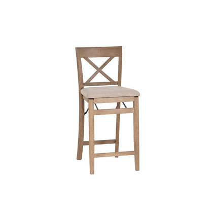 Triena X Back Neutral Greywash Wooden Fully Assembled Folding 24 Inch Seat Height Counter Stool with Beige Upholstered Seat