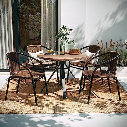Lila Modern Rattan Indoor/Outdoor Stackable Dining Chairs, Stacking Rattan Bistro Chairs for Patio or Restaurant, Set of 4, Brown