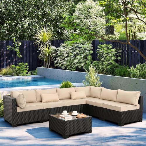 7 Pieces Outdoor PE Wicker Furniture Set Patio Rattan Sectional Conversation Sofa Set with Khaki Cushions and Glass Top Table