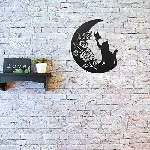 Metal Black Cat Wall Decor, Cat On the Moon Wall Art,Cat Catch Buttefly Wall Scuplture, Cats Lover Gifts for Christmas