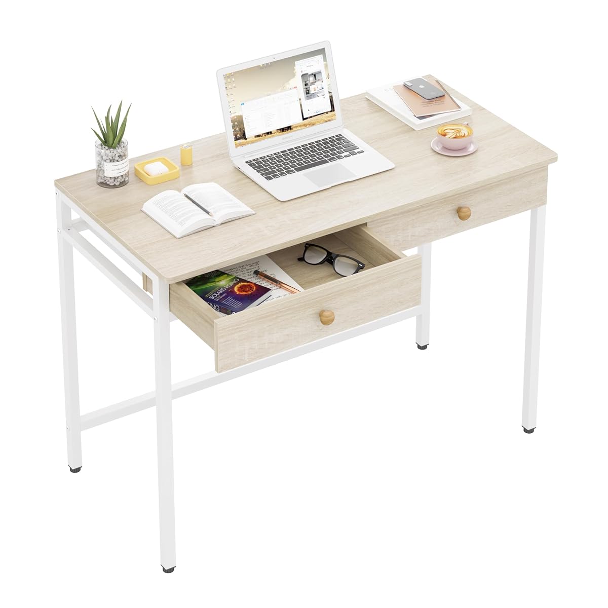 Computer Desk with Drawers, Home Office Desk for Writing, Studying, and Gaming - Sturdy and Spacious Workstation for PC and Laptop(Beige)
