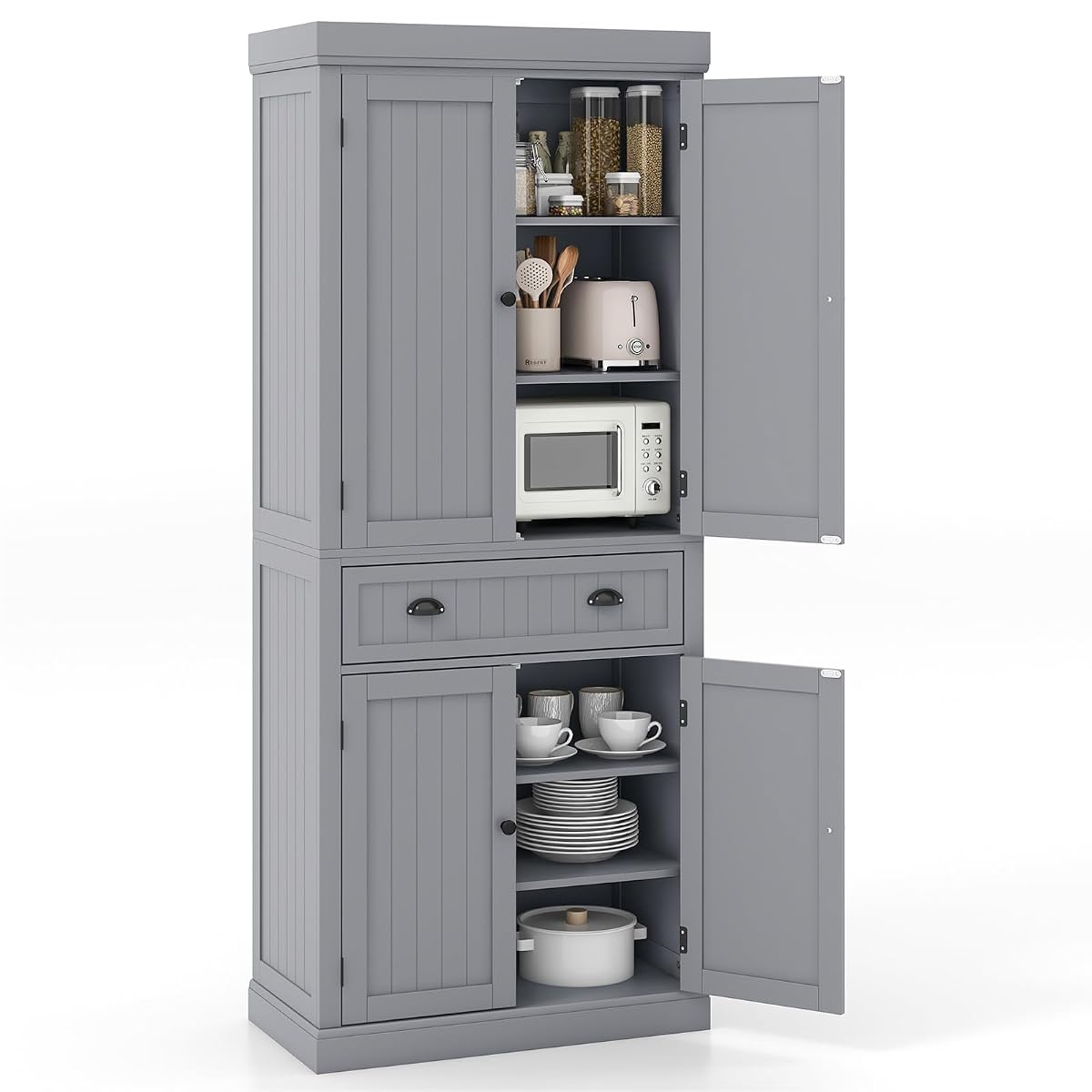 72" H Kitchen Pantry Cupboard Cabinet, Traditional Freestanding Large Tall Storage Cabinet with 2 Cabinets and Drawer, Adjustable Shelves, for Living Room Kitchen, 30 x 16 x 72 Inch