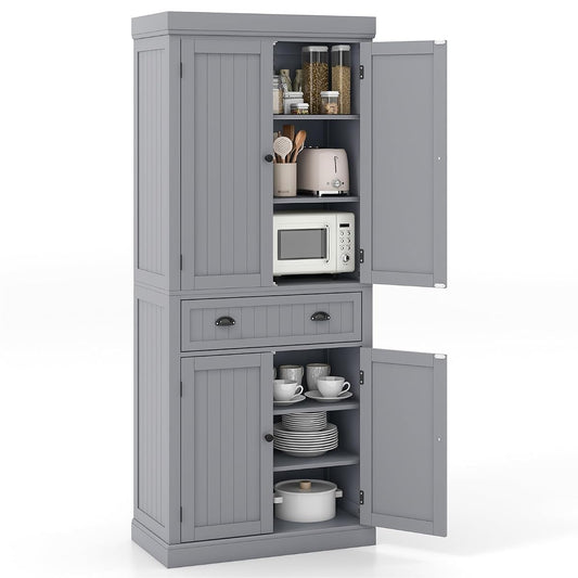 72" H Kitchen Pantry Cupboard Cabinet, Traditional Freestanding Large Tall Storage Cabinet with 2 Cabinets and Drawer, Adjustable Shelves, for Living Room Kitchen, 30 x 16 x 72 Inch