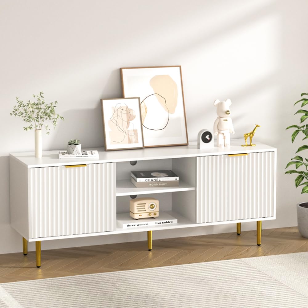 58'' Fluted TV Stand, Mid-Century Modern TV Console for 65/70/75 Inch TV, Wood Entertainment Center with Storage, Sliding Doors, Adjustable Shelves and Media Console for Living Room, Bedroom, White
