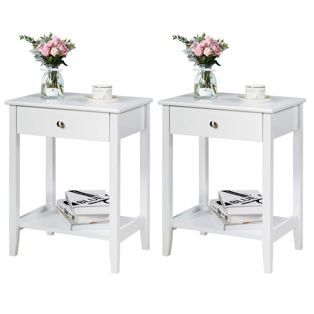 Nightstand Wooden 2-Tier Couch Sofa Side Table with Drawer, Storage Shelf, Solid Wood Legs,Mufti-Functional Home Furniture for Living Room Bedroom Study Room End Table (2, White)
