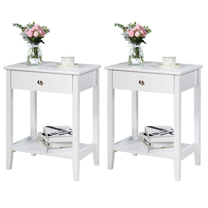 Nightstand Wooden 2-Tier Couch Sofa Side Table with Drawer, Storage Shelf, Solid Wood Legs,Mufti-Functional Home Furniture for Living Room Bedroom Study Room End Table (2, White)