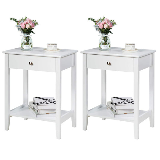 Nightstand Wooden 2-Tier Couch Sofa Side Table with Drawer, Storage Shelf, Solid Wood Legs,Mufti-Functional Home Furniture for Living Room Bedroom Study Room End Table (2, White)