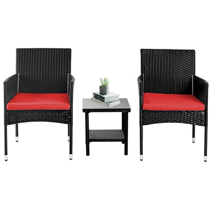 PayLessHere Set of 3 Outdoor Furniture Set Heavy Duty Patio Furniture Set Sturdy Conversation Set with 2 Rattan Chairs Glass Top Coffee Table Seat Cushions for Coffee Bar Poolside Patio Outdoor, Red
