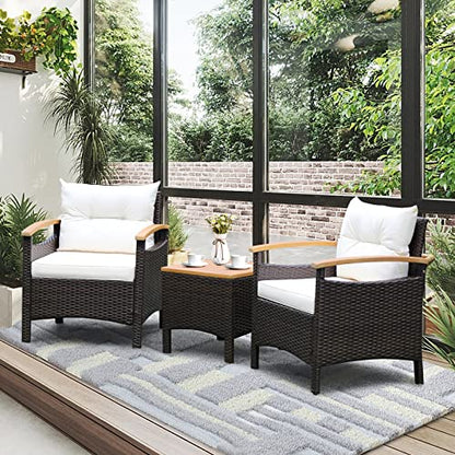 3-Piece Patio Furniture Set, Patiojoy Outdoor Rattan Sofa Set with Coffee Table, Patio Conversation Set with Removable Cushion, Cozy Acacia Wood Armrests for Backyard, Poolside (Off White)