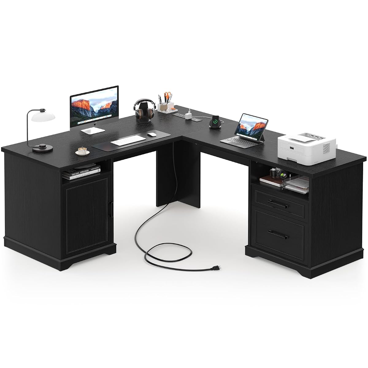 59" L Shaped Office Desk with Drawers & Storage, File Cabinet