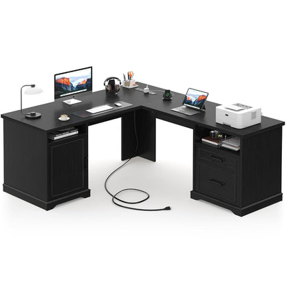 59" L Shaped Office Desk with Drawers & Storage, File Cabinet