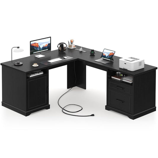 59" L Shaped Office Desk with Drawers & Storage, File Cabinet