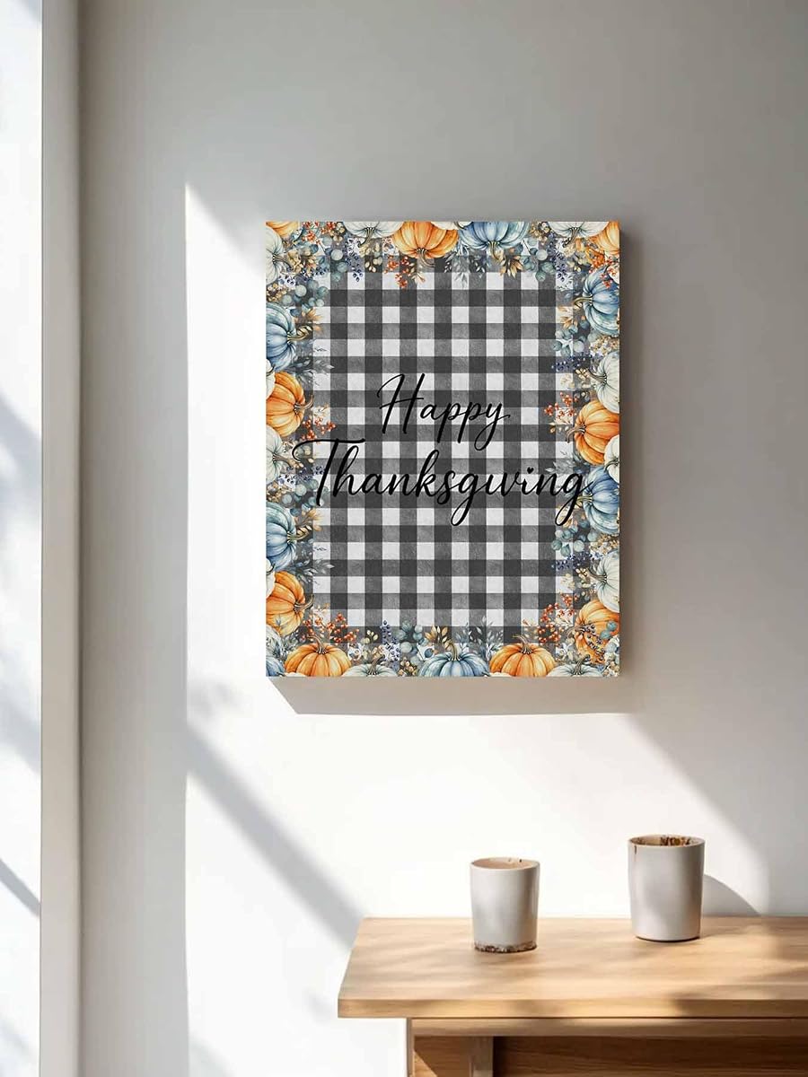 NuYeBiofx Happy Thanksgiving Fall Pumpkins Canvas Wall Art Prints,30"x20" Framed Picture Artwork Black White Check Printed Canvas Oil Painting for Living Room Bedroom Office,Ready to Hang