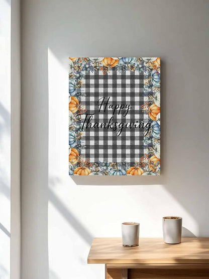 NuYeBiofx Happy Thanksgiving Fall Pumpkins Canvas Wall Art Prints,30"x20" Framed Picture Artwork Black White Check Printed Canvas Oil Painting for Living Room Bedroom Office,Ready to Hang