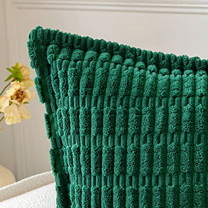 Christmas Green Corduroy Decorative Throw Pillow Covers Pack of 2 Soft Striped Pillows Pillowcases with Broad Edge Winter Modern Boho Home Decor for Couch Sofa Bed Spring 20x20 Inch