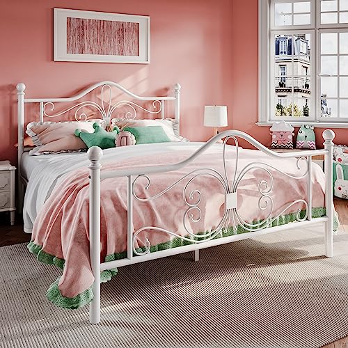 Full Size Metal Bed Frame with Butterfly Headboard, White, view 4