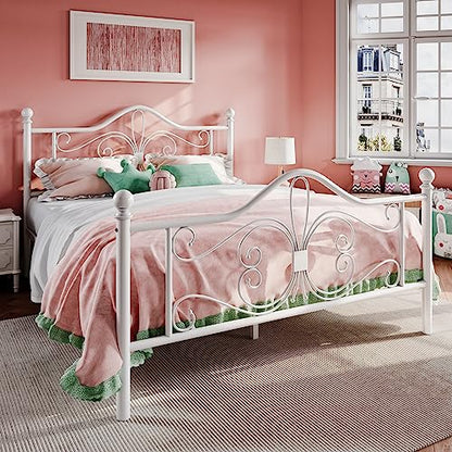 Full Size Metal Bed Frame with Butterfly Headboard, White, view 4
