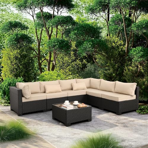 7 Pieces Outdoor Wicker Furniture Conversation Set Patio Sectional Sofa Set Glass Table with Non-Slip Cushions Furniture Cover, Khaki