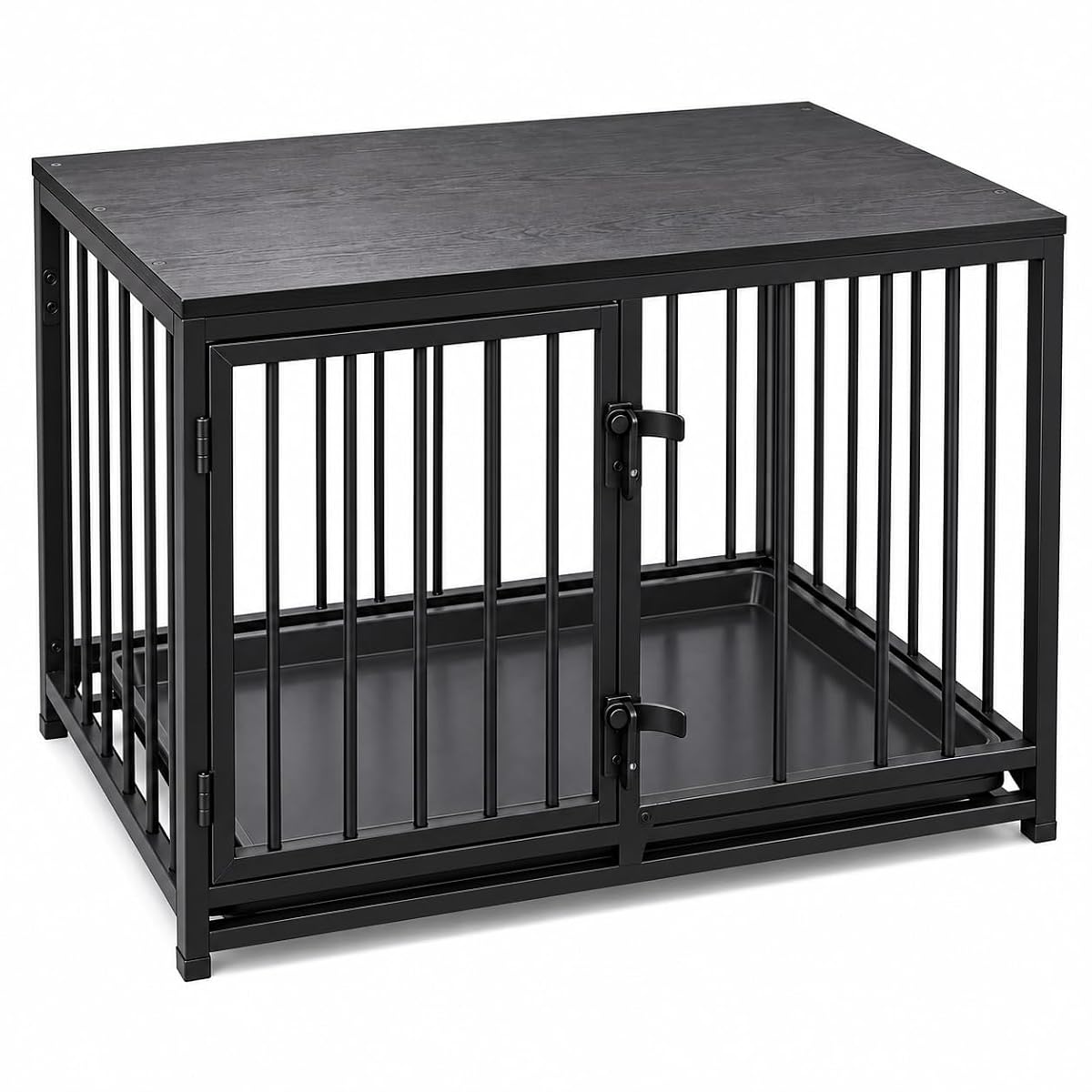 Dog Crate Furniture, 33.5" Metal Dog Kennel, Wood Tabletop, Black