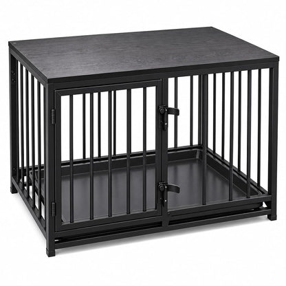 Dog Crate Furniture, 33.5" Metal Dog Kennel, Wood Tabletop, Black