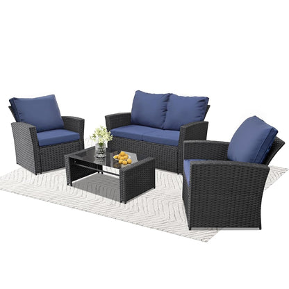 4 Piece Outdoor Wicker Patio Furniture Set, Black/Blue | Sectional Sofa | All-Weather Hand-Woven Rattan | Tempered Glass Coffee Table | Durable Fabric | Indoor & Outdoor Use