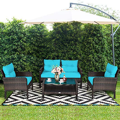 4 Piece Patio Furniture Set, Outdoor Wicker Conversation Set with Glass Top Coffee Table, All Weather Proof and Thick Cushions, Suitable for Porch, Garden, Poolside and Lawn (Turquoise)