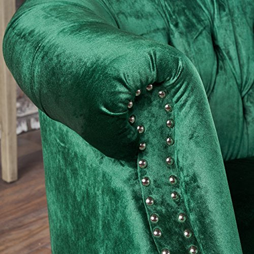 Melaina Tufted Chesterfield Velvet Loveseat with Scrolled Arms, Emerald and Dark Brown.