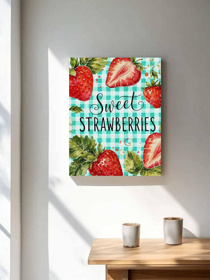 NuYeBiofx Summer Strawberries Teal Buffalo Canvas Wall Art Prints,30"x20" Framed Picture Artwork Watercolor Fruit Flower Leaf Printed Canvas Oil Painting for Living Room Bedroom Office,Ready to Hang