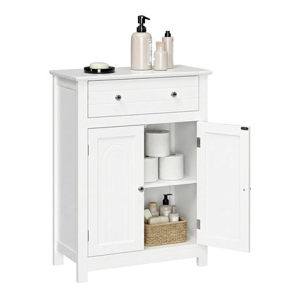 SONGMICS VASAGLE Free Standing Bathroom Cabinet with Drawer and Adjustable Shelf, Kitchen Cupboard, Wooden Entryway Storage Cabinet White, 23.6" L x 11.8" W x 31.5" H, UBBC61WT