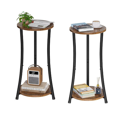 Round Side Table, 2 Tiers End Table for Living Room with Storage Shelf, Slim Sofa Table Set of 2, Rustic Brown