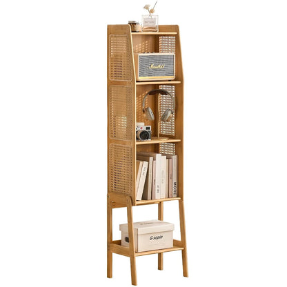 Bamboo Rattan Bookcase with Cabinet, 3-Tier Storage Shelf with Side Table & End Table Function, Large Modern Wood Organizer for Living Room or Bedroom, Natural Bookshelf